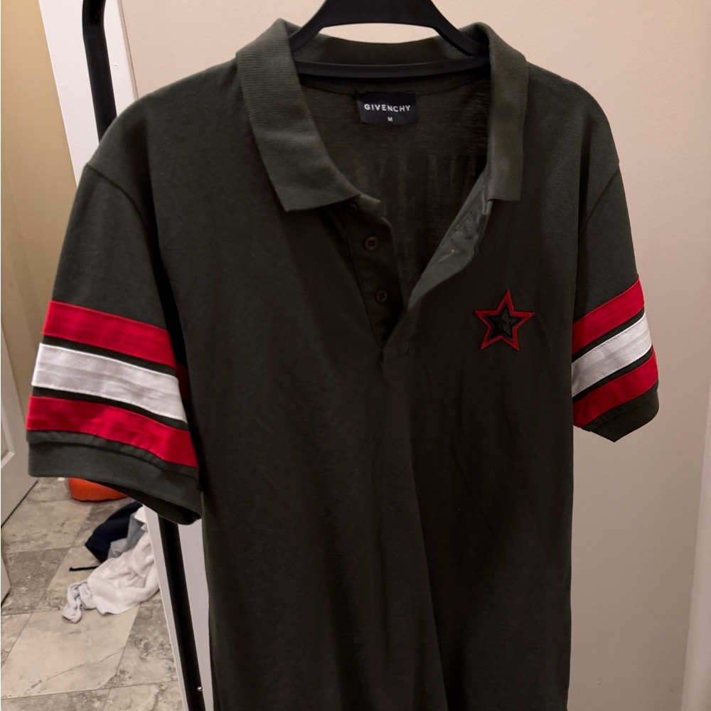 Givenchy Men's Dark Green Polo with Red and White Sleeve Stripes
